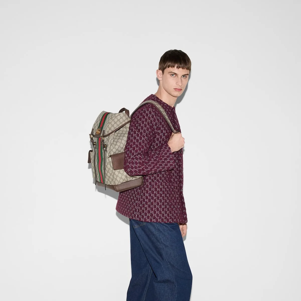 Ophidia Leather and Webbing-Trimmed Monogrammed Coated-Canvas Backpack