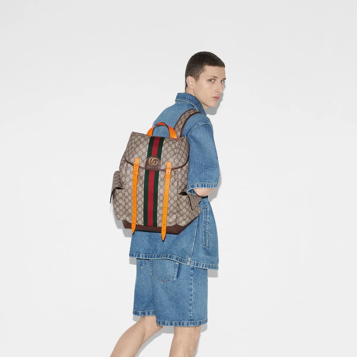 Ophidia Leather and Webbing-Trimmed Monogrammed Coated-Canvas Backpack