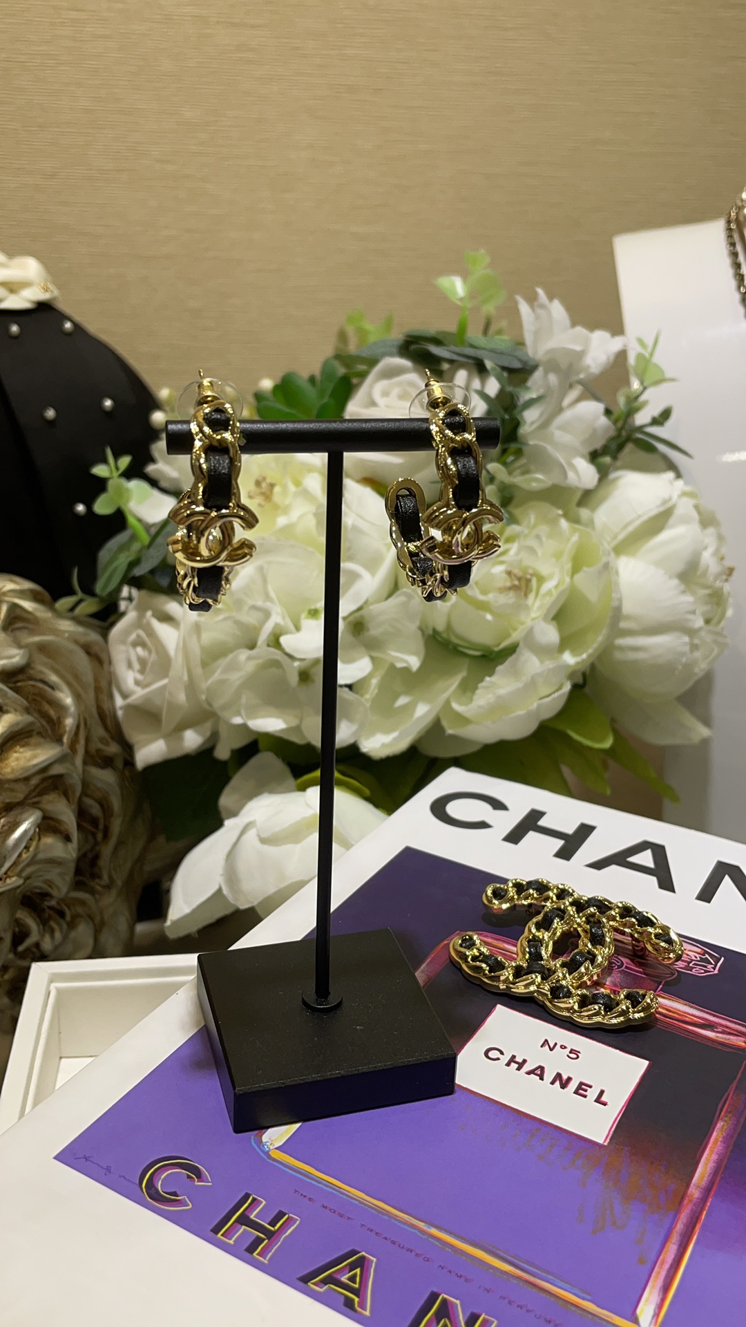 CHANEL 24K New Gold Double C Hoop Earrings with Leather-Woven Chain