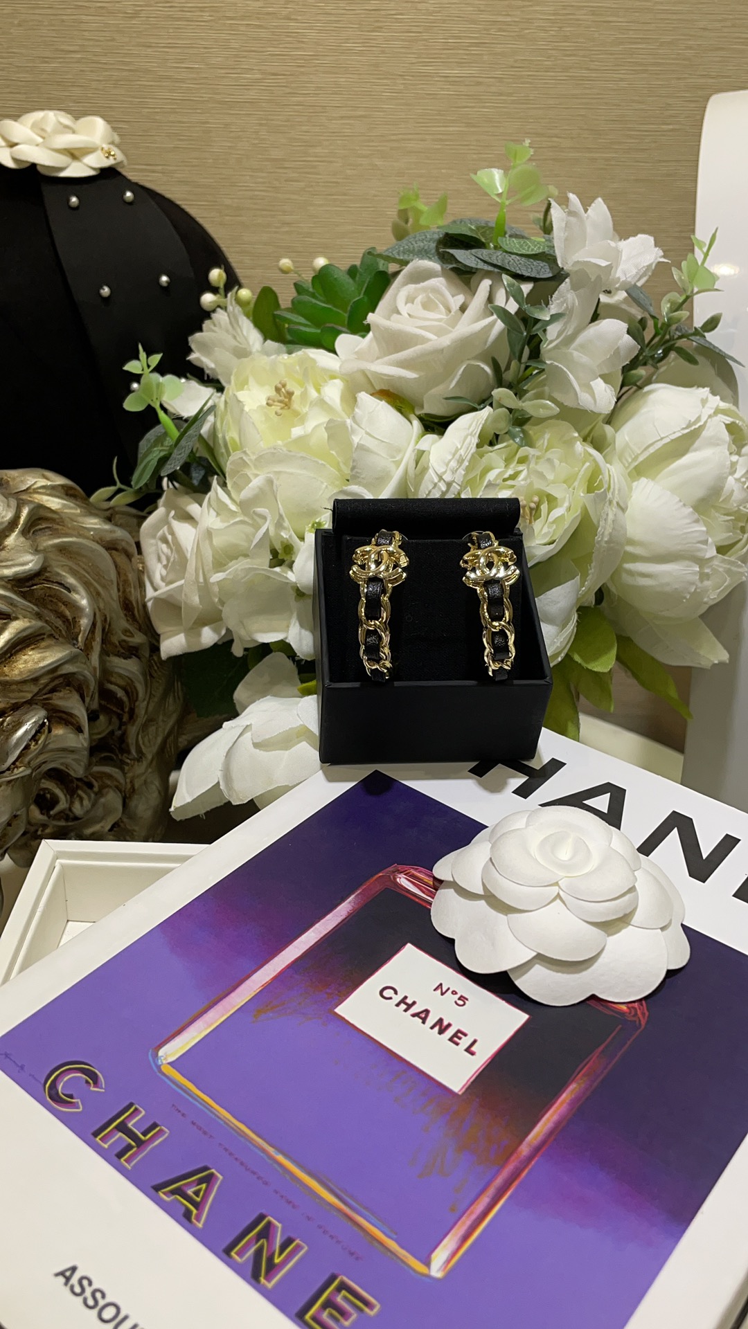 CHANEL 24K New Gold Double C Hoop Earrings with Leather-Woven Chain
