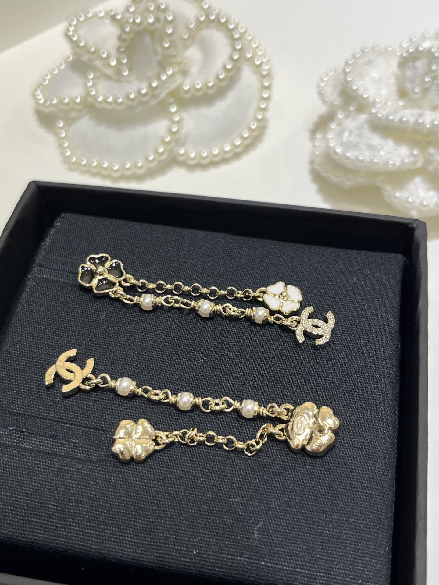 CHANEL 25P New Black & White Enamel Mini Clover & Camellia Double C Drop Earrings
