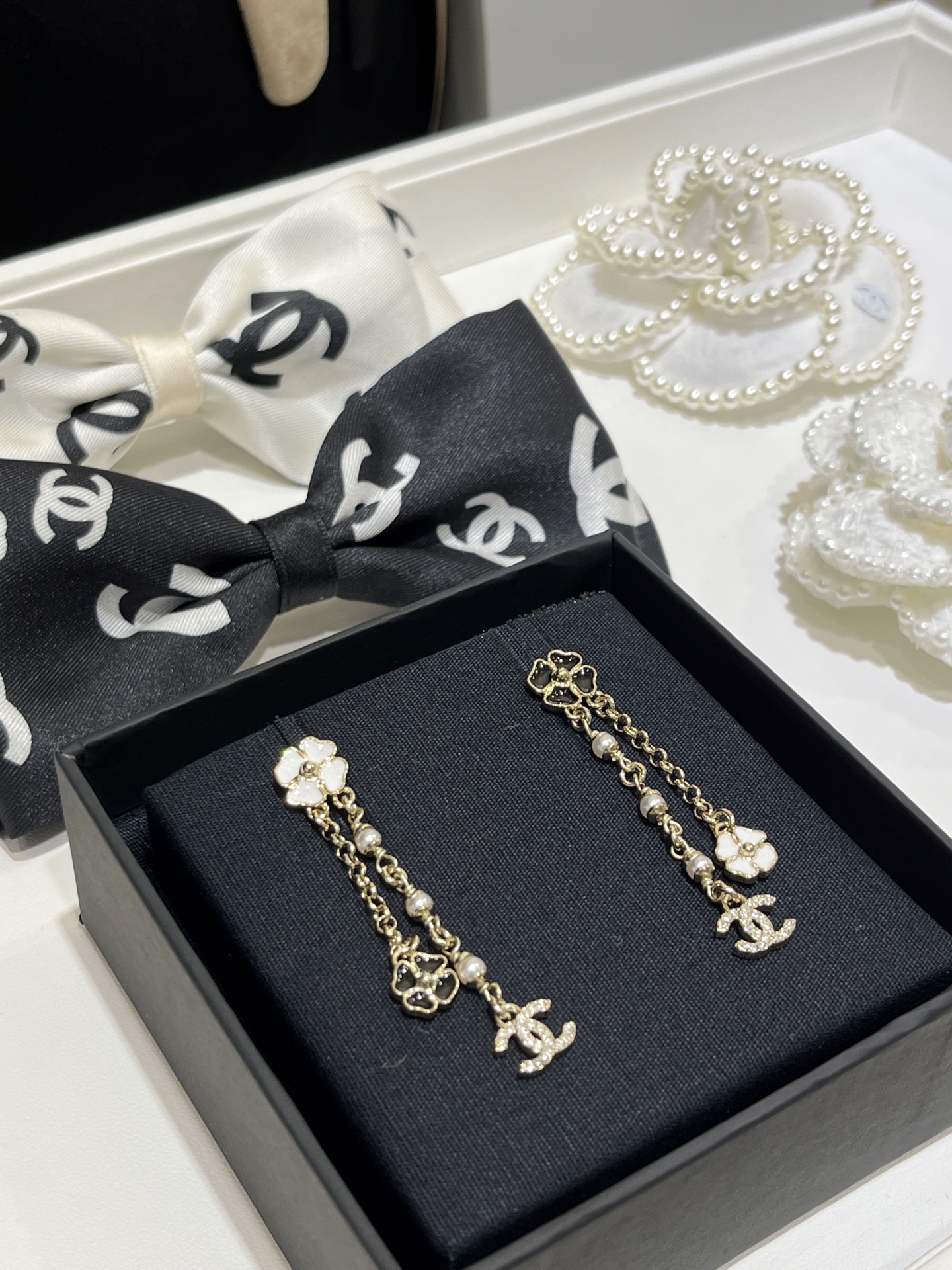 CHANEL 25P New Black & White Enamel Mini Clover & Camellia Double C Drop Earrings