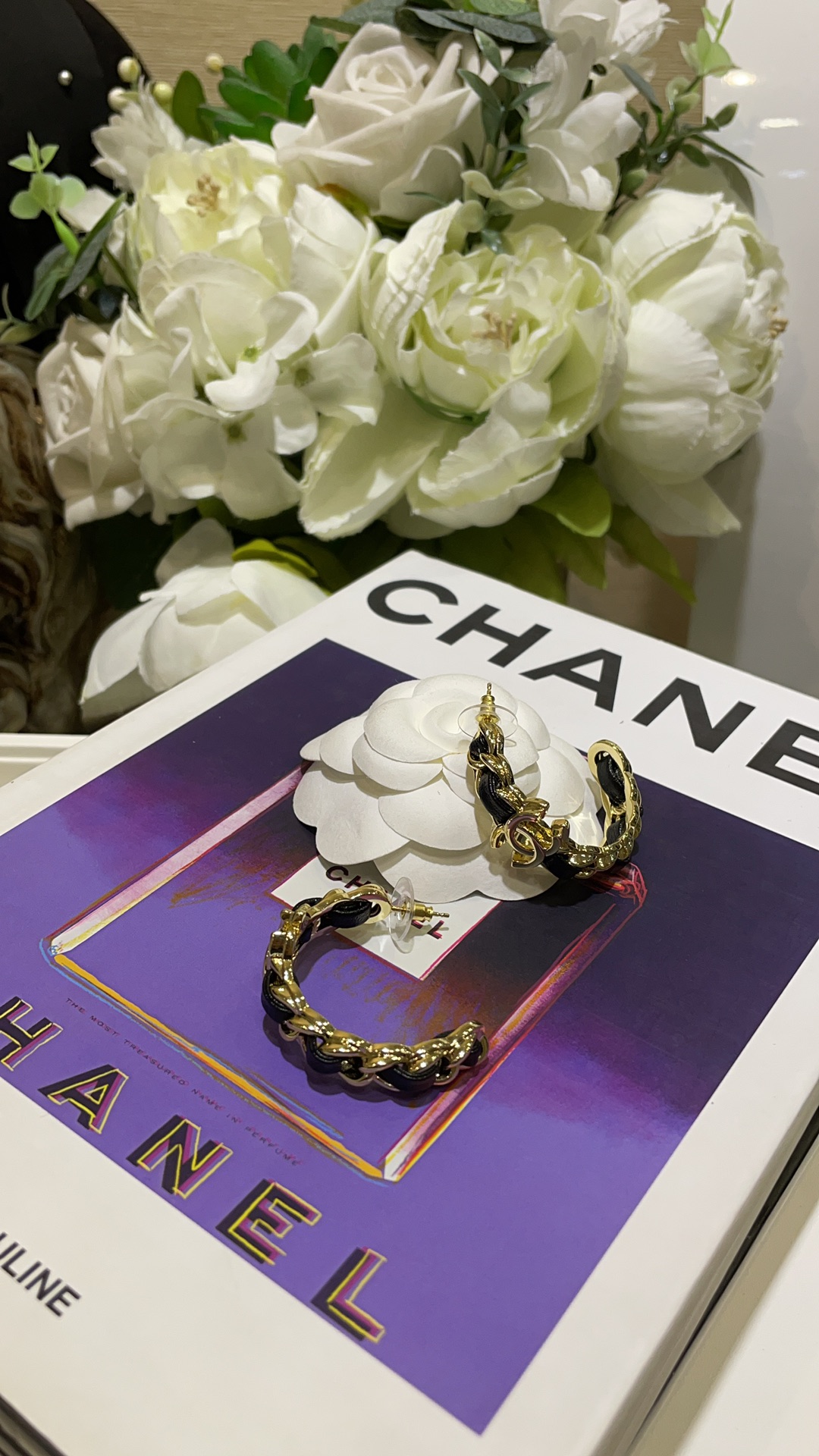 CHANEL 24K New Gold Double C Hoop Earrings with Leather-Woven Chain