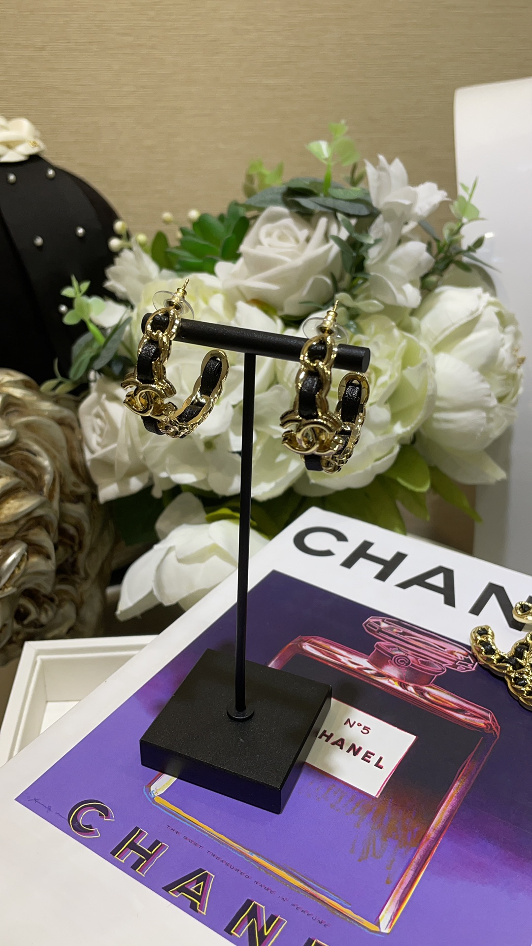 CHANEL 24K New Gold Double C Hoop Earrings with Leather-Woven Chain
