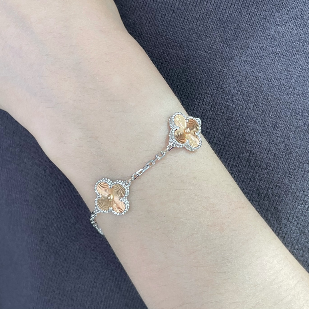 Van Cleef & Arpels Vintage Alhambra Necklace & 5 Motifs 2 Tone Guillioche 15mm Clover Bracelet Set